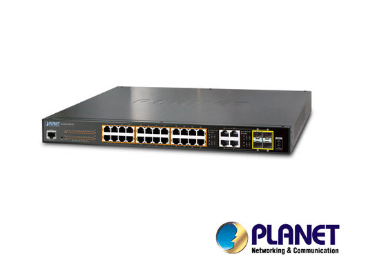 switch administrable planet gs-4210-24pl4c / 28 puertos rj45 10/100/1000 mbps / 4 puertos sfp 100/1000 mbps / 24 puertos con inyector poe 802.3at/af / 1 puerto serie rs-232 a rj45 / recinto de metal / 3 ventiladores / vlan / 440 watts / montaje en rack.