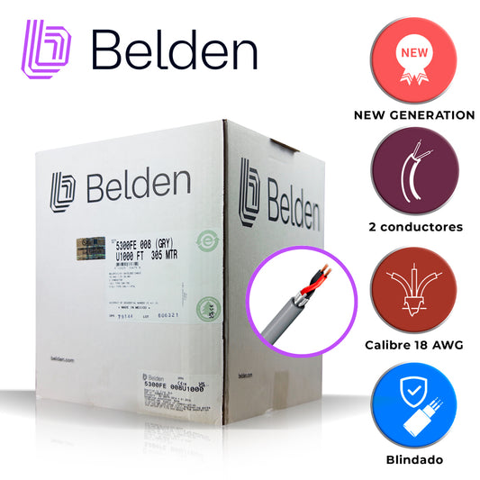 cable de audio comercial y seguridad belden 5300fe 008u1000 / interior / gris / 2 conductores / 18 awg / multifilar / forro pvc / cmr / blindado / en caja / 1000 pies 305 metros