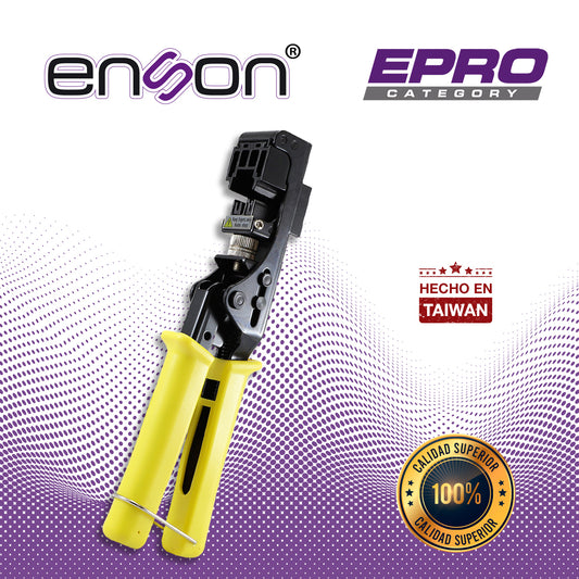 pinza rematadora enson epro-jacktool serie epro diseñada para el rematado con jack facil ponchado serie epro poncha jacks rj45 cuenta con guillotina que corta el exceso de cable utp lo cual agiliza y ahorra tiempo en proyectos