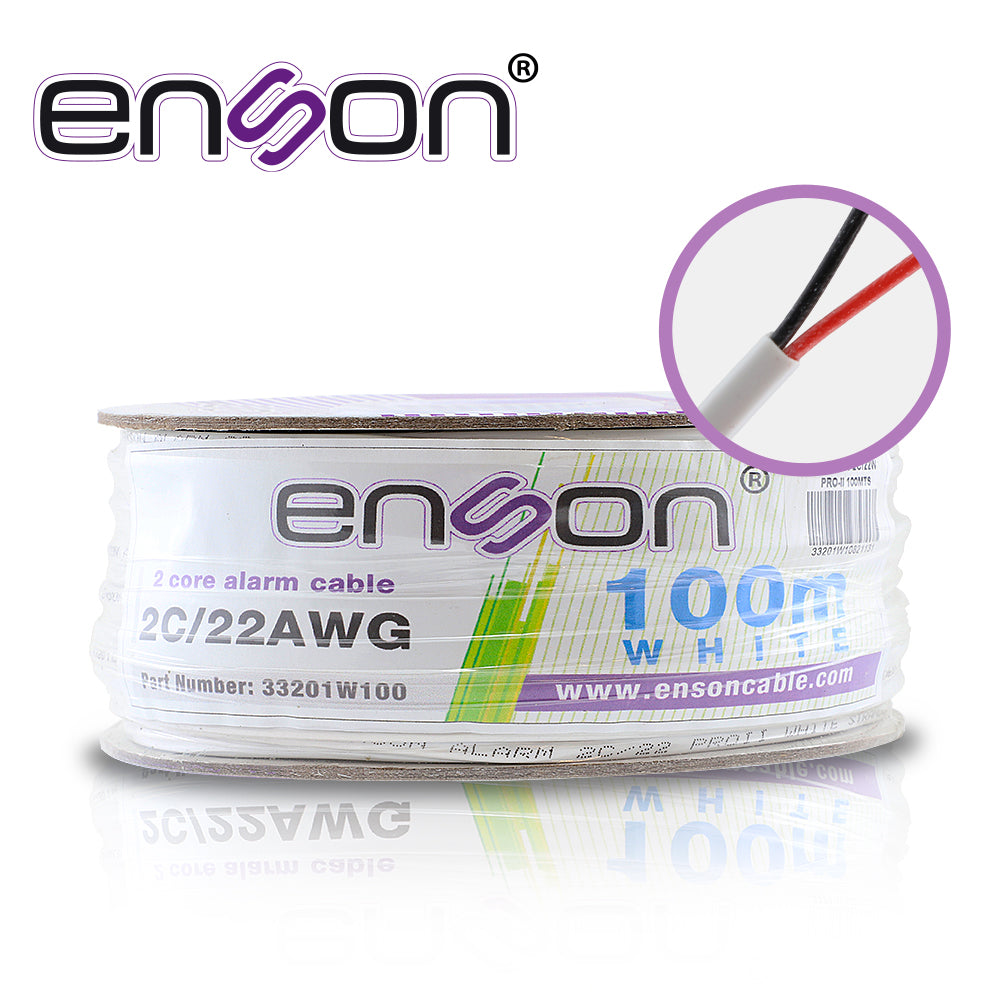 cable de alarma enson 33201w100 serie pro-ii multifilar 2c/22 awg bobina de 100 metros forro pvc color blanco para uso interior diseñado para conexiones de sistemas de alarma