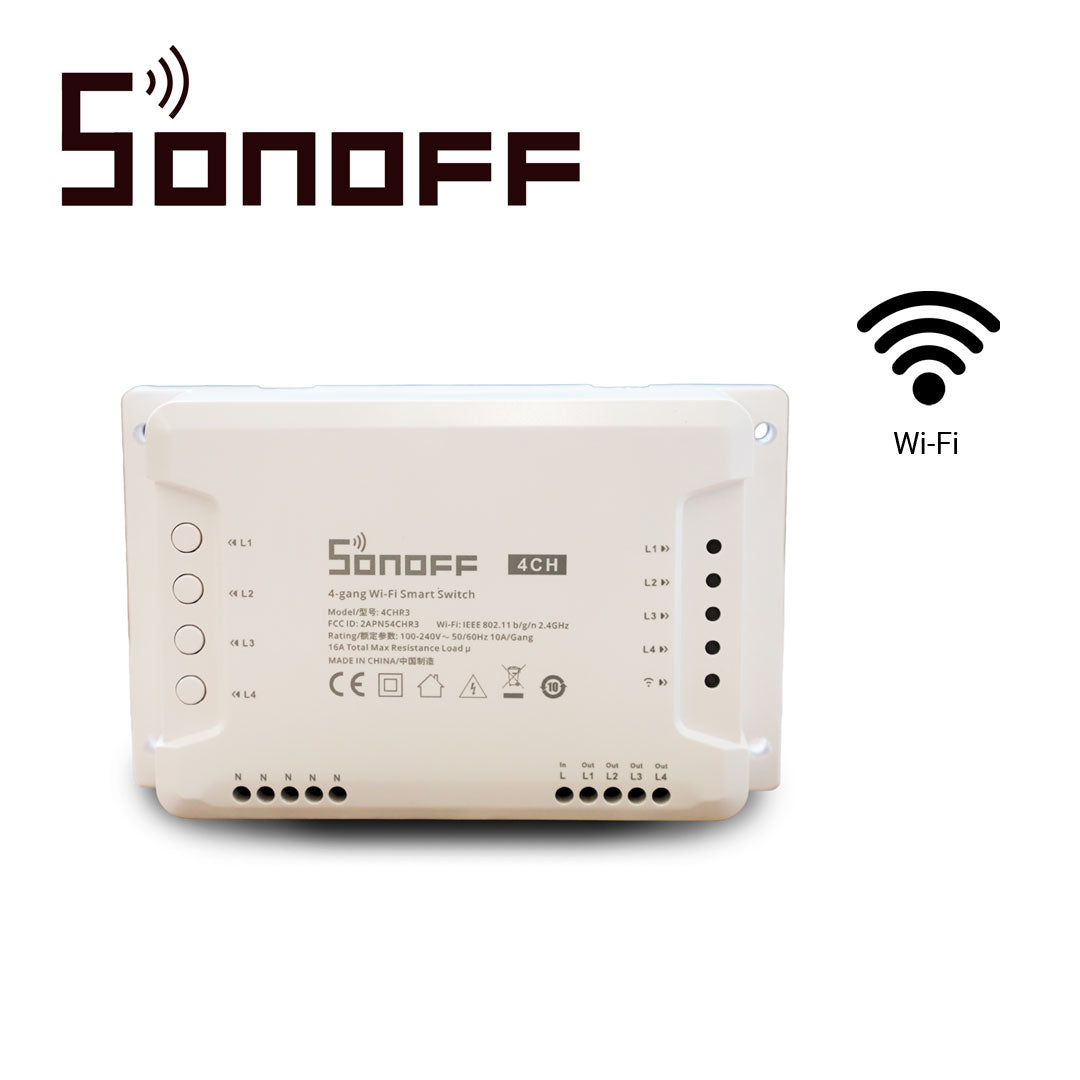 interruptor on/off sonoff 4ch r3 smart inalambrico wifi para solucion de smart home con temporizador y montaje din rail para ios y android compatible con alexa/google home/nest/ifttt 4ch wifi 2.4ghz hasta 10amp por canal 16amp totales