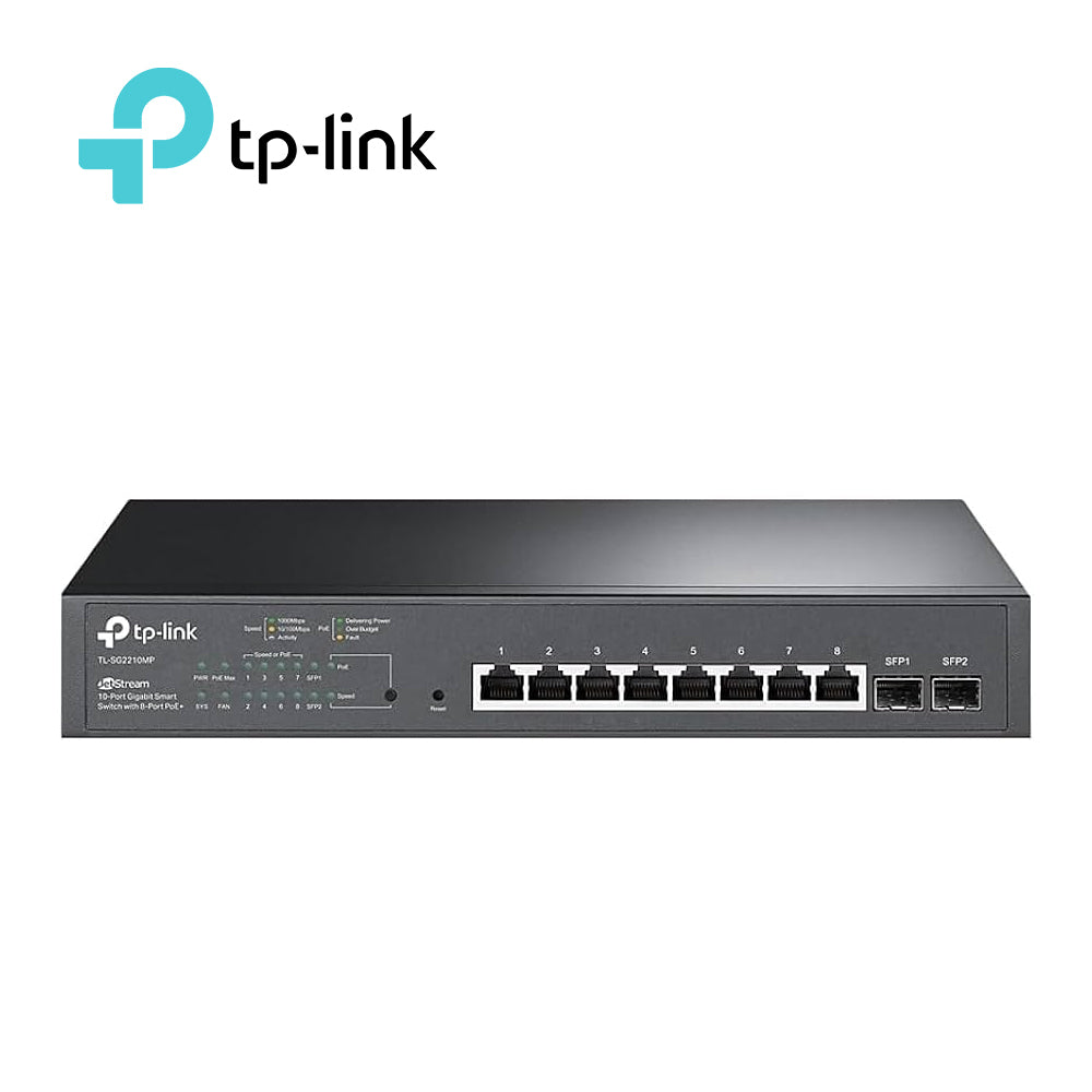 switch poe jetstream sdn administrable tp-link sg2210mp / 8 puertos poe at/af 150w 10/100/1000 mbps + 2 puertos para fibra optica / montaje en rack / capacidad de conmutacion 20 gbps