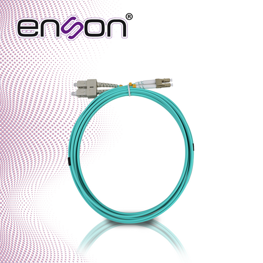 jumper de fibra optica enson ens-jumplcsc forro pvc color aqua tipo de fibra multimodo om3 50/125 micras conectores lc duplex- sc duplex longitud 3 metros uso interior