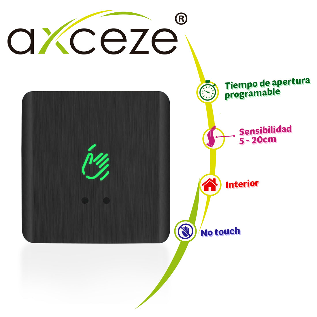 boton de peticion de salida sin contacto ax-b150 formato cuadrado cubierta plastica color negro led indicador de estado distancia de activacion ajustable entre 5 y 20cm retardo de apertura ajustable