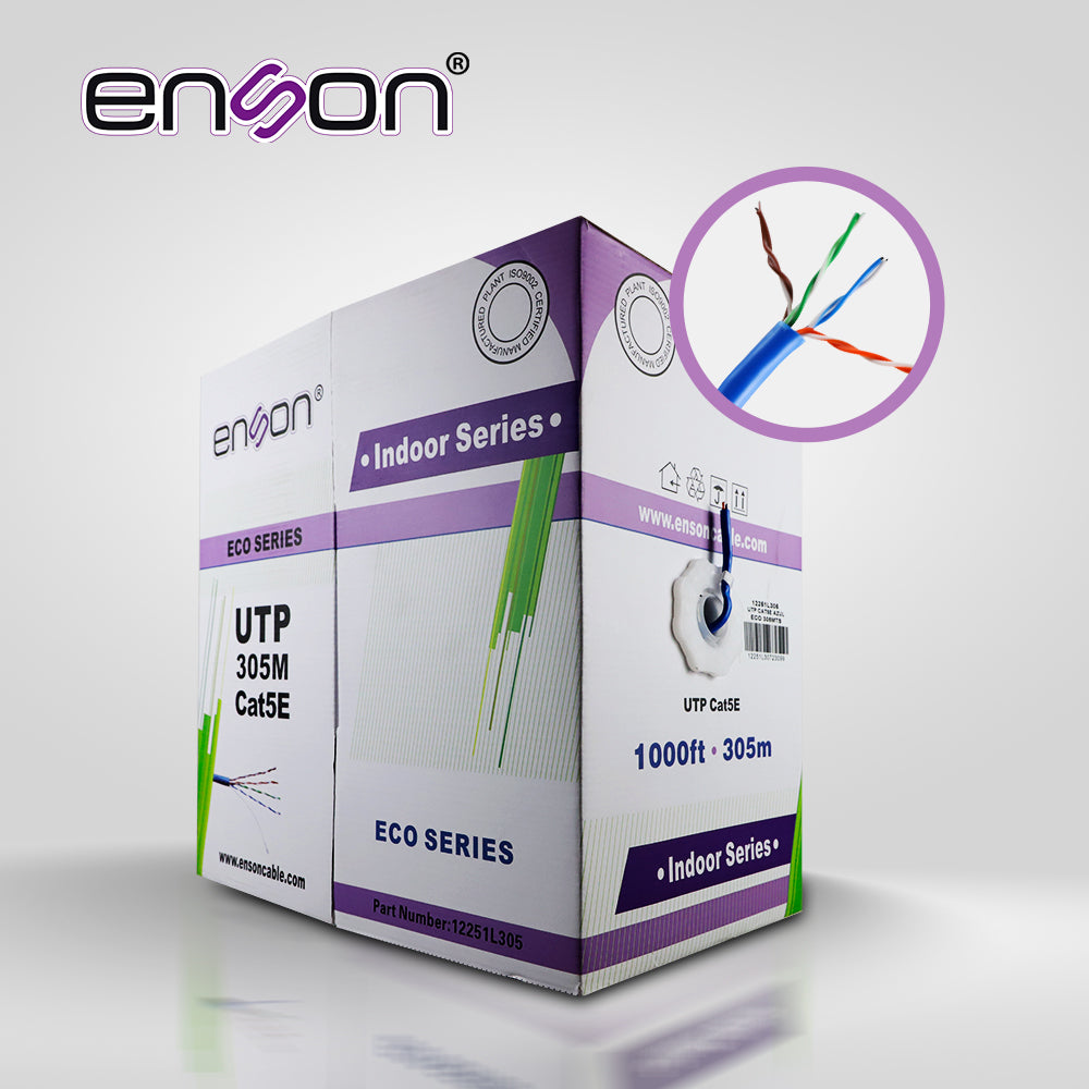 cable utp cat5e enson 12251l305 serie eco calibe 24 awg cca bobina de 305 metros forro pvc color azul uso interior recomendado para transmision de datos base 10100