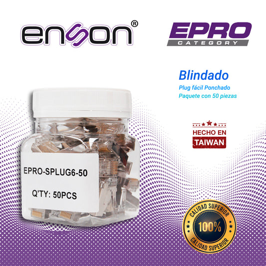 plug facil ponchado blindado enson epro-splug6-50 bote de 50 pzs para cable utp cat6 con sistema de paso de cables passtru que facilita el ponchado de cable utp ya que se puede identificar errores de manera mas facil requiere uso de pinzas epro-plugtool