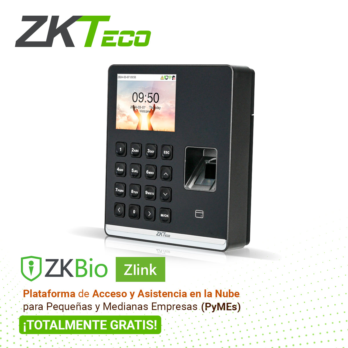 m1 control de asistencia biometrica zkteco m1 / 500 huellas / 500 tarjetas de 125 khz / 500 usuarios /teclado alfanumerico / wifi 2.4 ghz / adms / puerto usb / compatible con software bio time cloud 2.0 / compatible con software zlink