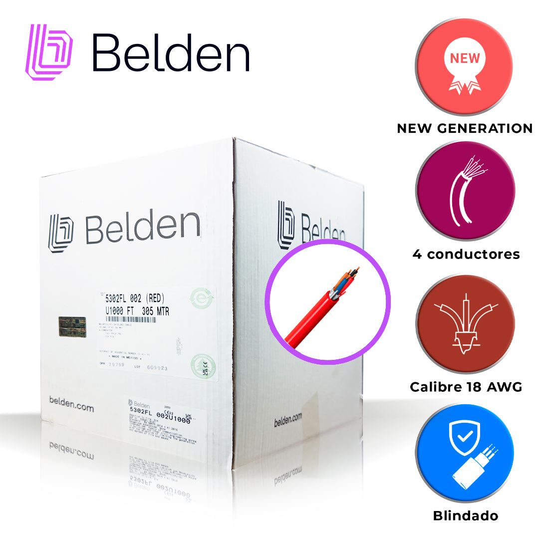 cable de alarma contra incendios belden 5302fl 002u1000 / interior / rojo / 4 conductores / 18 awg / solido /forro pvc / cmr - fplr / blindado / en caja / 1000 pies 305 metros