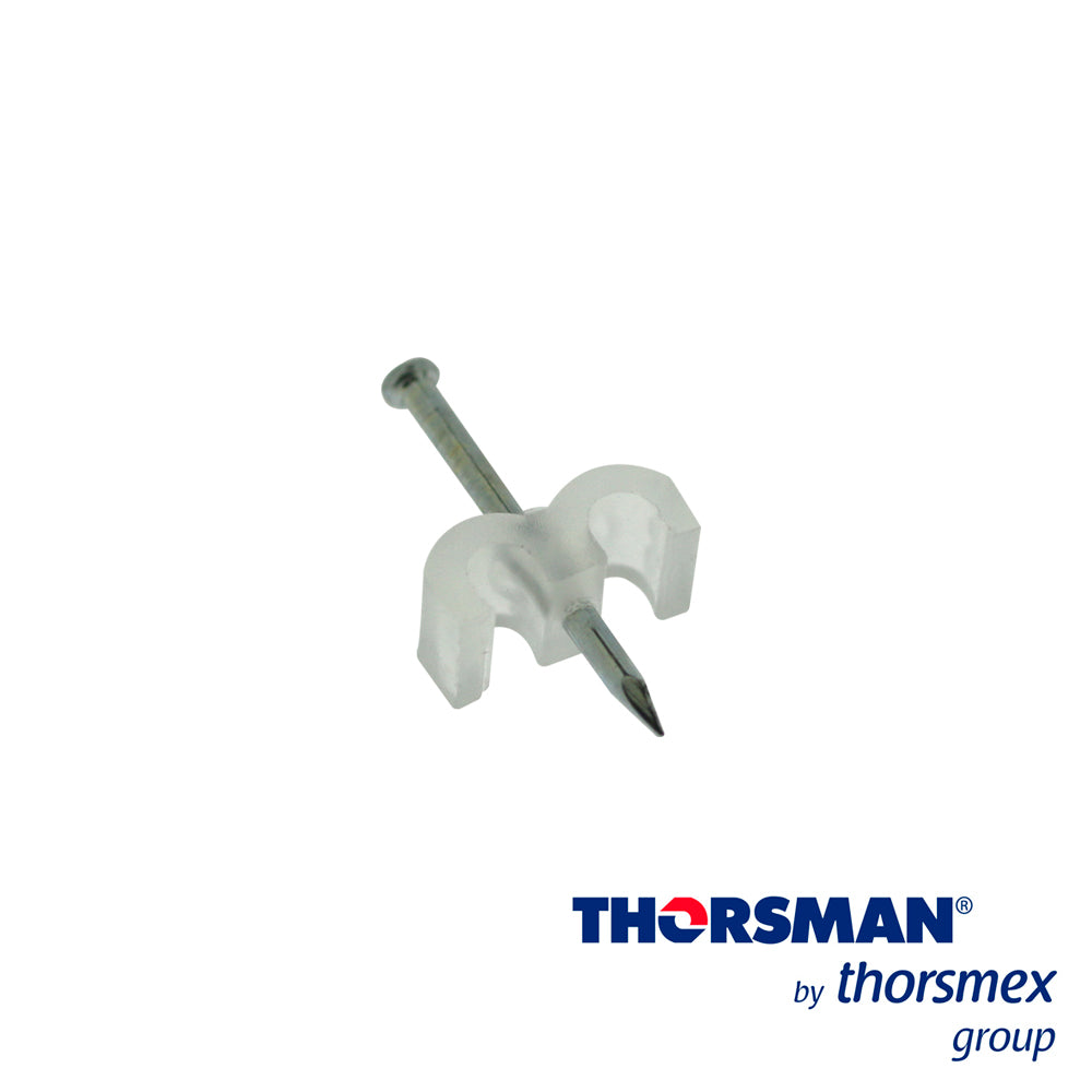 grapa doble con clavo integrado sujethor thorsman tdc 4-6 3401-00100 22mm x 1.5mm caja /100pzas color natural ideal para cable calibre 14  clavo galvanizado grapa de polietileno resistente al impacto corrosion humedad y climas extremos