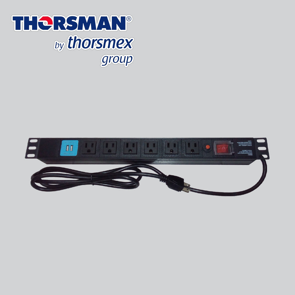 barra pdu 6 contactos mas dos usb thorsman the0040091001001 p-rack 19” horizontal color negro boton de encendido con sistema de seguridad carcasa de aleacion de aluminio uso interior caja con una pieza cuenta con certificados nom - 003 - scfi – 2014