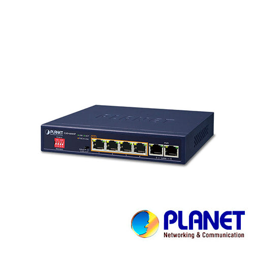switch no administrable / planet gsd-604hp / 6 puertos rj45 10/100/1000 mbps / 4 puertos poe 802.3at/af (puertos 1 – 4) / sin ventilador / 67w de consumo / recinto de metal / dip switch (vlan estandar y extendido).