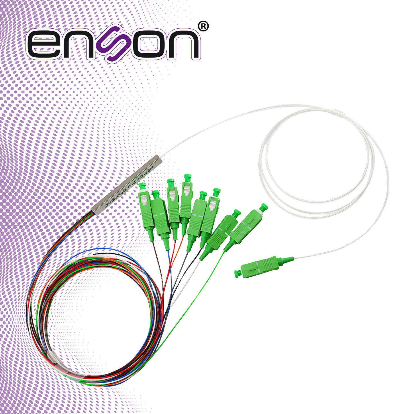splitter plc (divisor optico) enson ens-plc1x8 con conectores sc apc 1x8 fibra optica monomodo