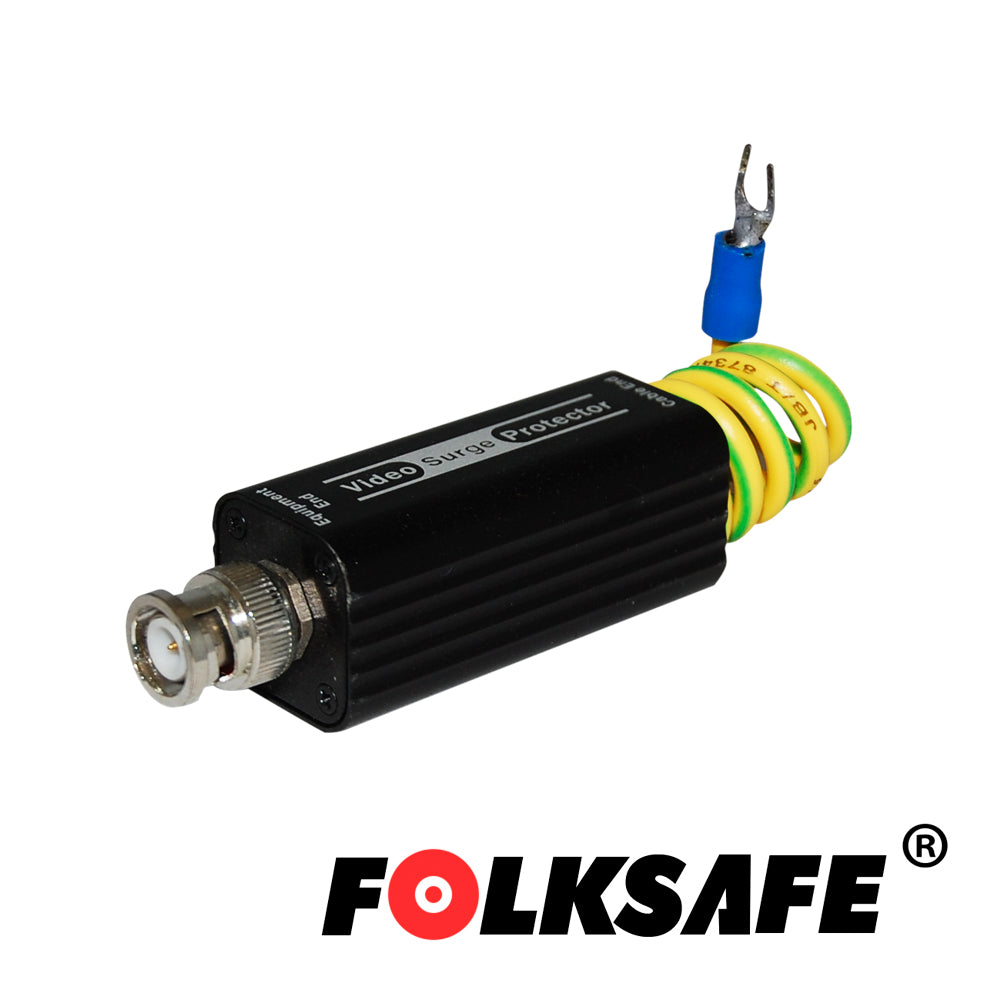 protector de voltaje folksafe fs-sp3001u protege contra sobretensiones en video de hasta 10ka sobre cable coaxial o utp conectores bnc hembra/macho y cable para coneccion a gnd carcasa aleacion de aluminio medidas de 60 x 25 x 25 mm