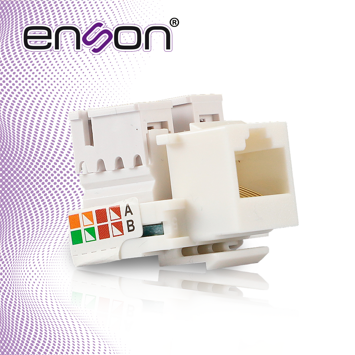 conector jack enson ens-jc6wh cat6 color blanco a 90 grados ponchado con pinzas y cubrepolvo.