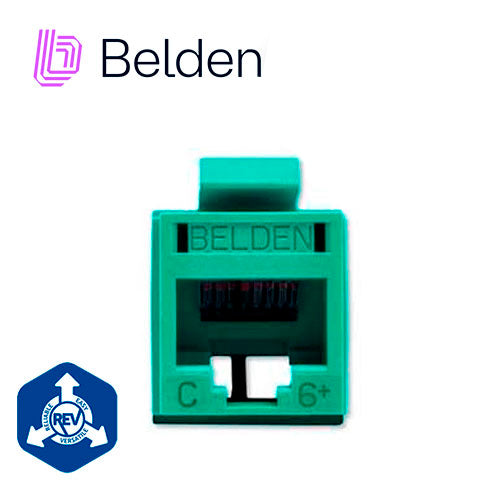 conector modular jack rj45 cat6 revconnect belden rv6mjkugn-s1 estilo keyconnect verde compatible con faceplate ax102660ax102655ax102249 esquema de cableado t568a/b herramienta compatible rvutt01 uso interior calibre del conductor 23-24 awg