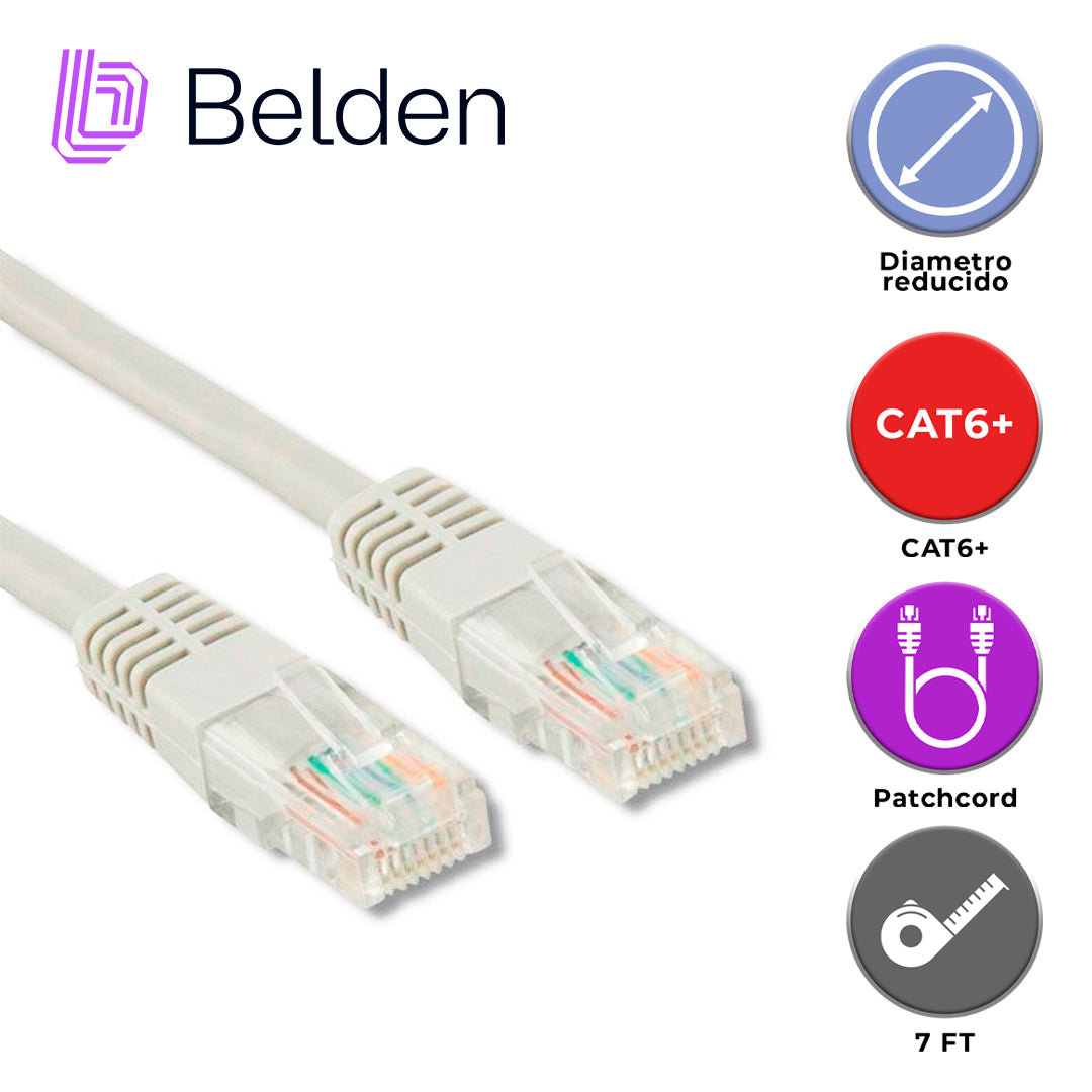 patch cord diametro reducido utp cat6+ belden c6d1109007 / interior / blanco / 4 pares / 28 awg / forro pvc / cmr / 7 pies 2.1 metros