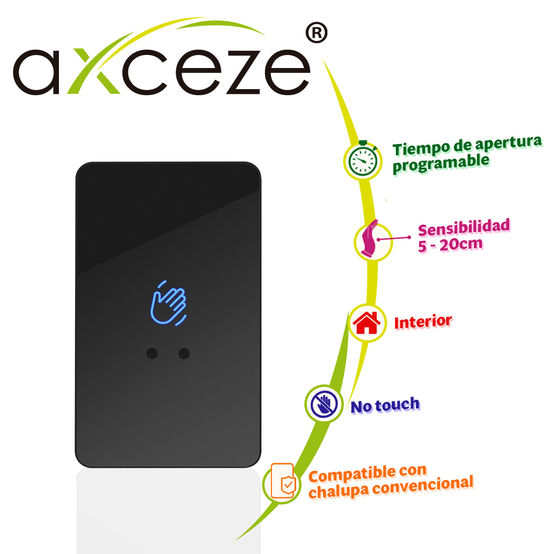 boton de salida sin contacto ax-b100 axceze formato vertical cubierta plastica color negro led indicador de estado distancia de deteccion ajustable entre 5 y 20 cm equipado con retardo de apertura ajustable