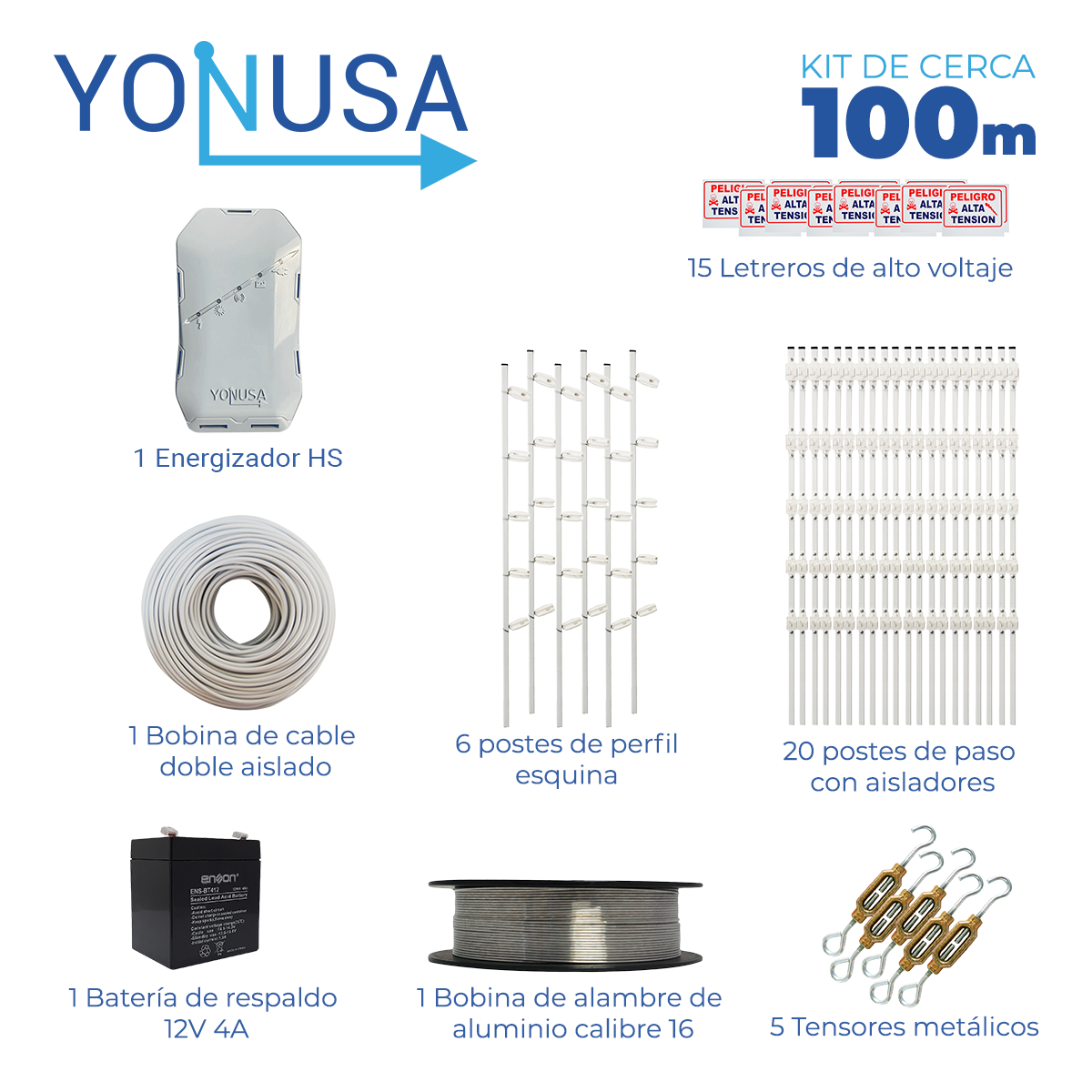 kit de cerca electrificada con accesorios para 100metros incluye: energizador bateria br-1204 cable alambre postes letreros y tensores