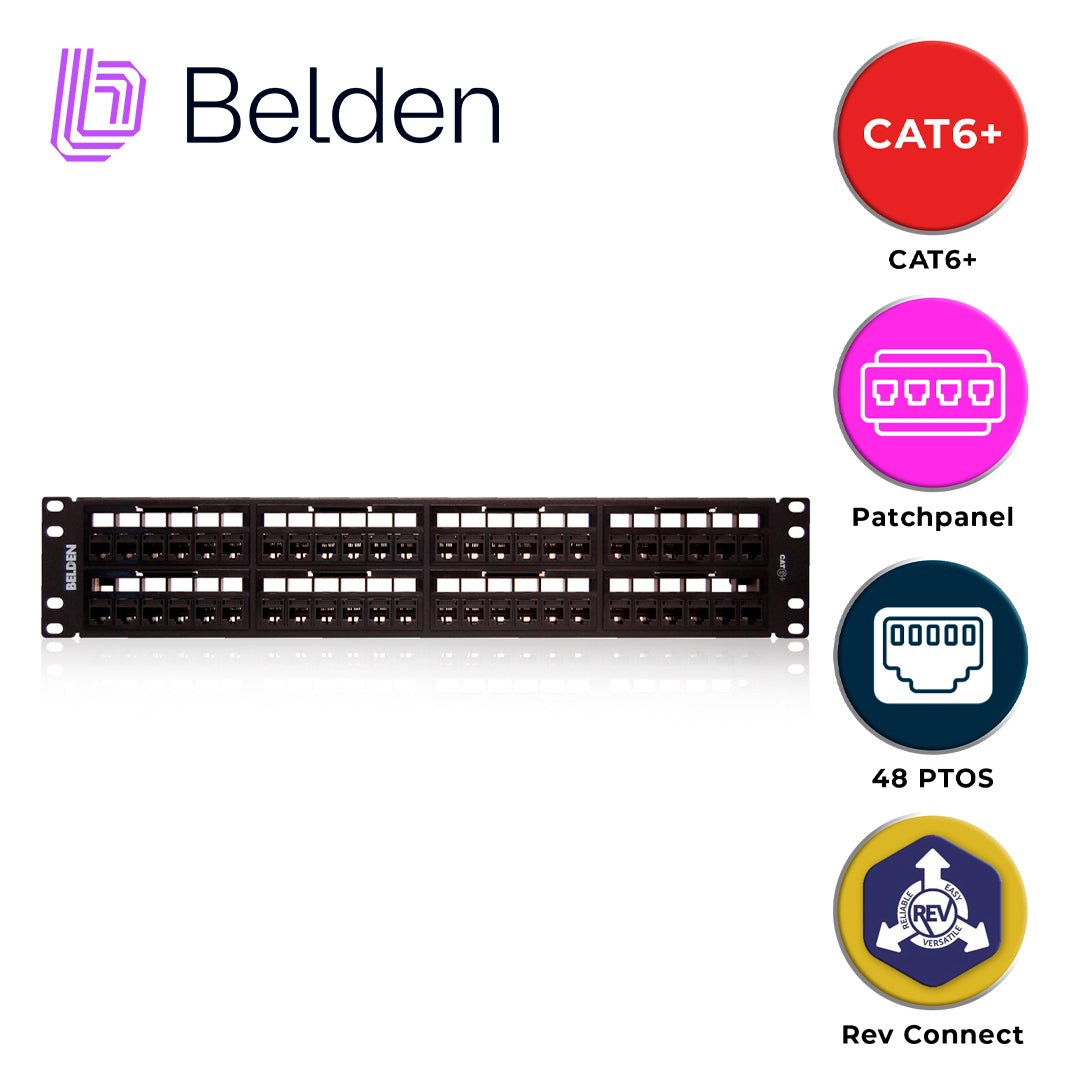 patch panel revconnect cat6+ belden rv6ppf2u48bk / negro / 48 puertos / 2ur / precargado / pieza