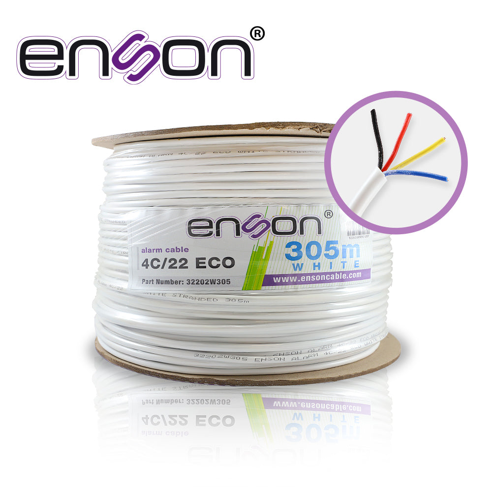 cable de alarma enson 32202w305 serie eco multifilar 4c/22 awg bobina de 305 metros forro pvc color blanco para uso interior diseñado para conexiones de sistemas de alarma