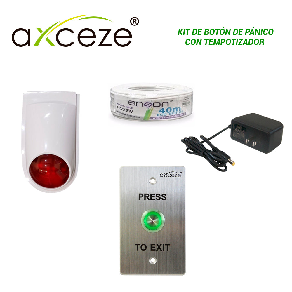 kit de boton de panico con temporizador con 1x boton liberador push ax-b90 + 1x sirena-estrobo pam-sl500 + 1x fuente de poder ps-1215 + 1x cable alarma rollo 32202w040 + 1x conector corriente ens-fc01 + 1x caja plastica tmk7902-02001