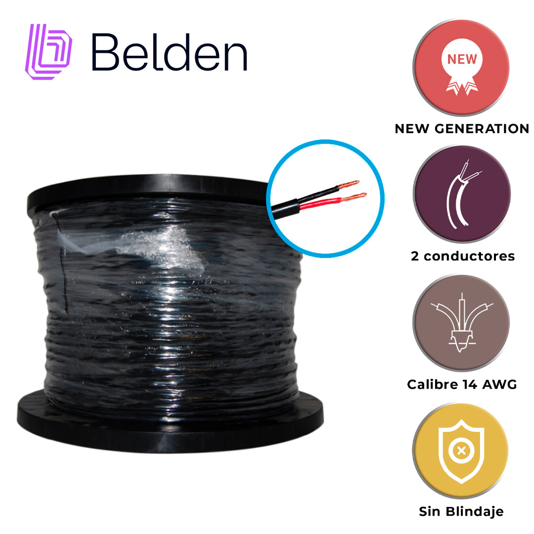 cable para altavoz belden 1309a 0101000 / interior/exterior / negro / 2 conductores / 14 awg / multifilar / forro pvc / cm / flexible / bobina / 1000 pies 305 metros