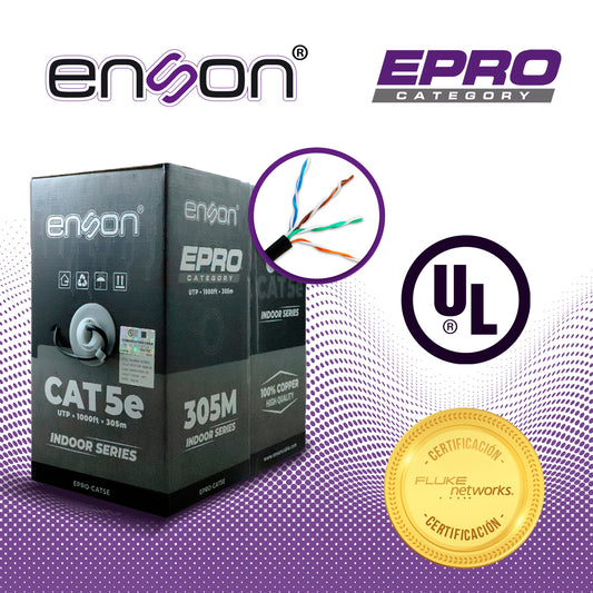 cable utp cat5e enson epro-cat5e forro color negro pvc cm 4 pares calibre 24 awg 100 ciento cobre uso interior bobina 1000 pies 305 metros (certificacion ul)