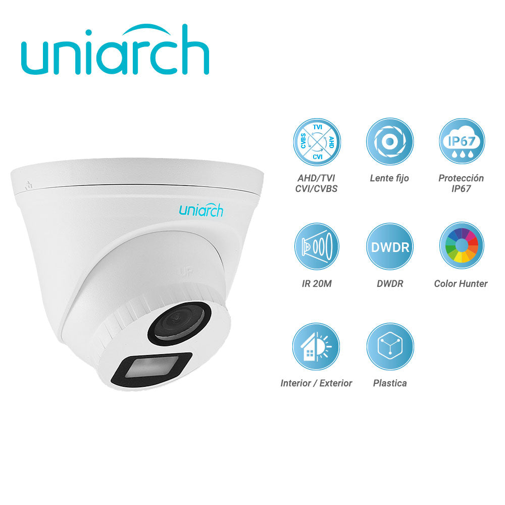 camara analoga turret colorhunter uniarch uac-t115-f28-w / 5mp / tvi: 5mp@20fps / lente-2.8mm / dwdr / ir20m / admite-giro180grados(horizontal+vertical) / plastica / ip67 / 3-axis / 12 vcd