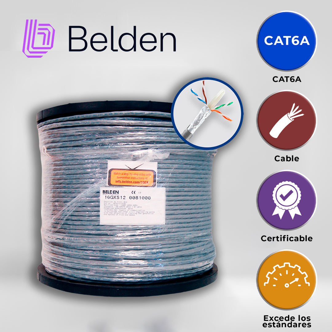 cable utp cat6a belden 10gxs12 0081000 / interior / gris / 625mhz / 4 pares / 23 awg / forro pvc / cmr / certificable / bobina / 1000 pies 305 metros