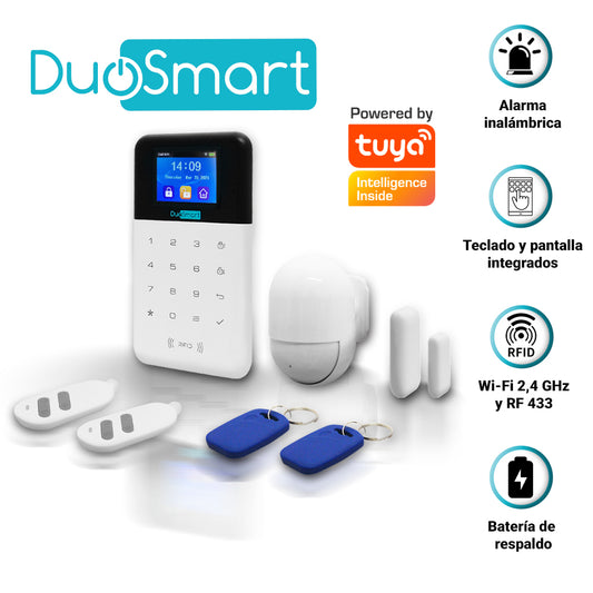 kit alarma inalambrica duosmart c30 comunicacion dual wifi 2.4 ghz rf 433.92 incluye 1 panel con teclado 1 pir 1 magneto 2 llaveros monitoreo en app duosmart **compatible con sensores duosmart c y sirena inalambrica**