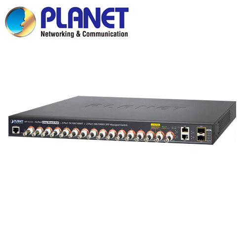 switch poc administrable / planet lrp-1622cs / 2 puertos rj45 10/100 mbps / 2 fibra optica sfp 100/1000 mbps / 16 canales bnc hembra / 440w de consumo / recinto de metal