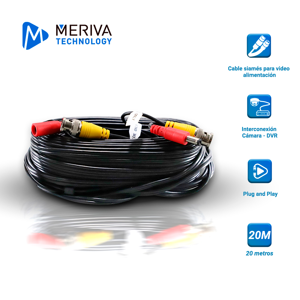 cable de video hd armado meriva mva-hdcb20 20mts negro con conectores de video bnc y corriente optimizado para ahd/hdtvi/hdcvi y audio por coaxial
