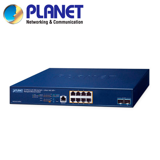 switch poe administrable l3 planet mgs-6311-8p2x / 8 puertos rj45 poe af/at 10m/100m/1000m/2.5gbps / 2 puertos sfp+ 1/10gbps / 1 puerto consola / budget poe 150w / anillo erps / igmp acl mld / ospf v2 rounting dinamico / fuente de alimentacion 100-240vca