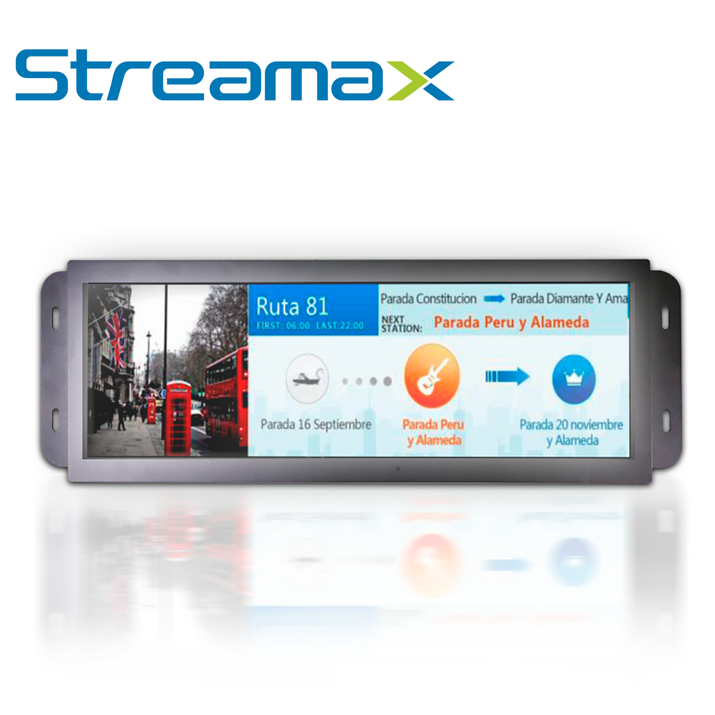 display de pasajeros para solucion en autobus streamax ml16max-286 / 28.6 pulgadas / conector dj7031-6.3-21 / fijacion en techo o pared colgante / para anunciar paradas estaciones y tiempo / sistema operativo android