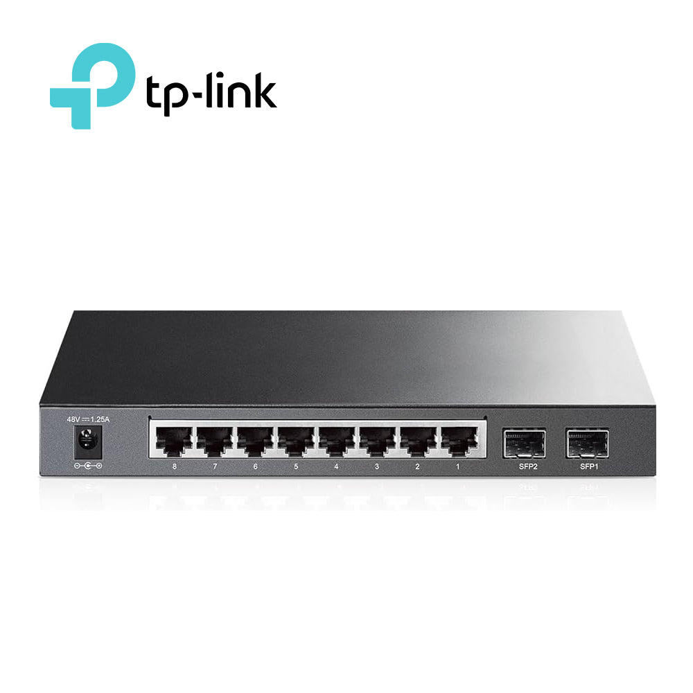 switch administrable tp-link sg2210p / 8 puertos rj45 poe af 10/100/1000 mbps/ 2 puertos fibra optica sfp (vacio) gigabit/ potencia poe total 53 w/ aplicaciones l2/l3/l4 qos e igmp snooping para optimizar voz y video gestion cli web