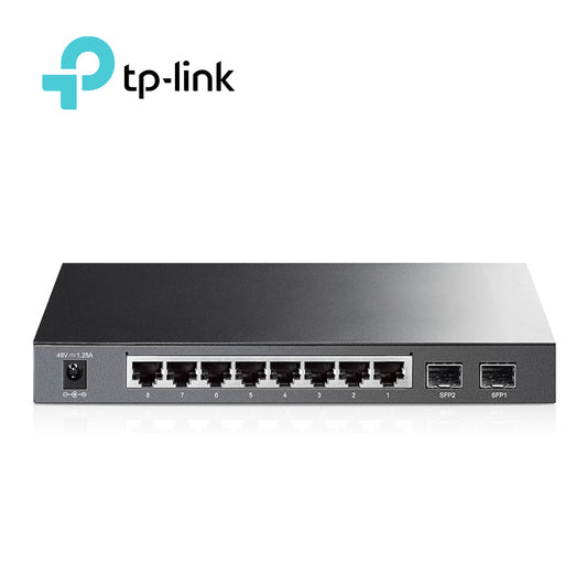 switch administrable tp-link sg2210p / 8 puertos rj45 poe af 10/100/1000 mbps/ 2 puertos fibra optica sfp (vacio) gigabit/ potencia poe total 53 w/ aplicaciones l2/l3/l4 qos e igmp snooping para optimizar voz y video gestion cli web