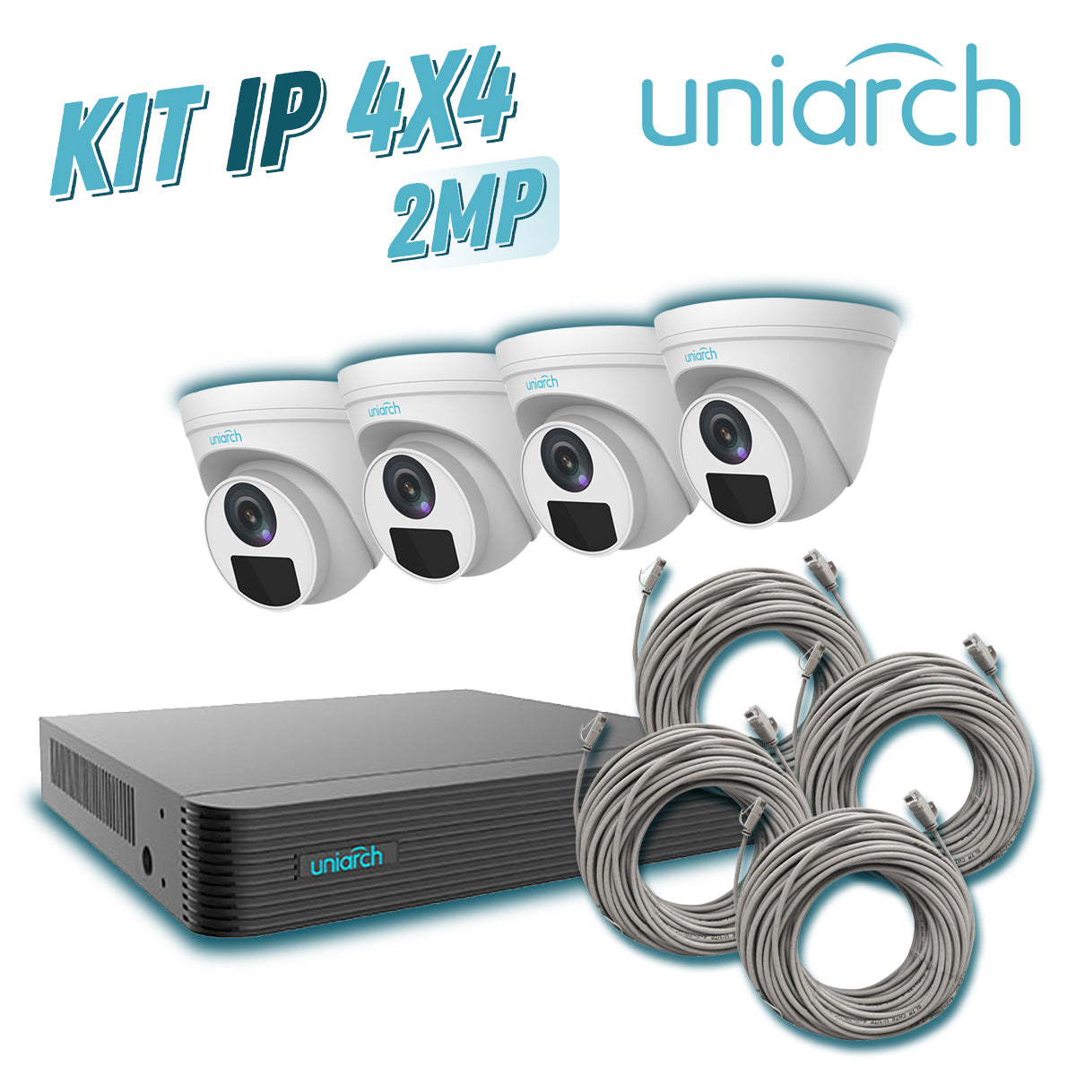 kit 4x4 uniarch ip exterior turret 2mp 1080p incluye 1 nvr poe 4 ptos + 4 cam turret ip 2 mp 2.8 mm slot micro sd + 4 cables preponchados de 18mts