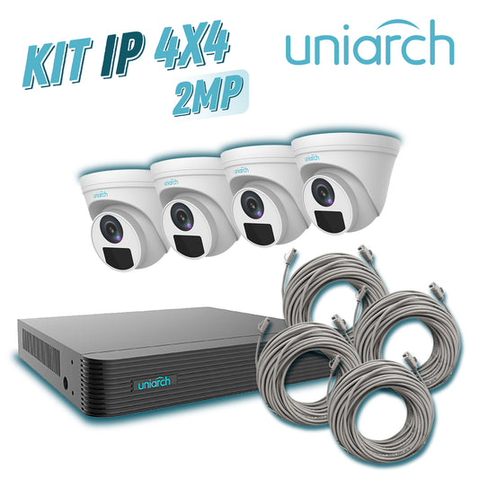 kit 4x4 uniarch ip exterior turret 2mp 1080p incluye 1 nvr poe 4 ptos + 4 cam turret ip 2 mp 2.8 mm slot micro sd + 4 cables preponchados de 18mts