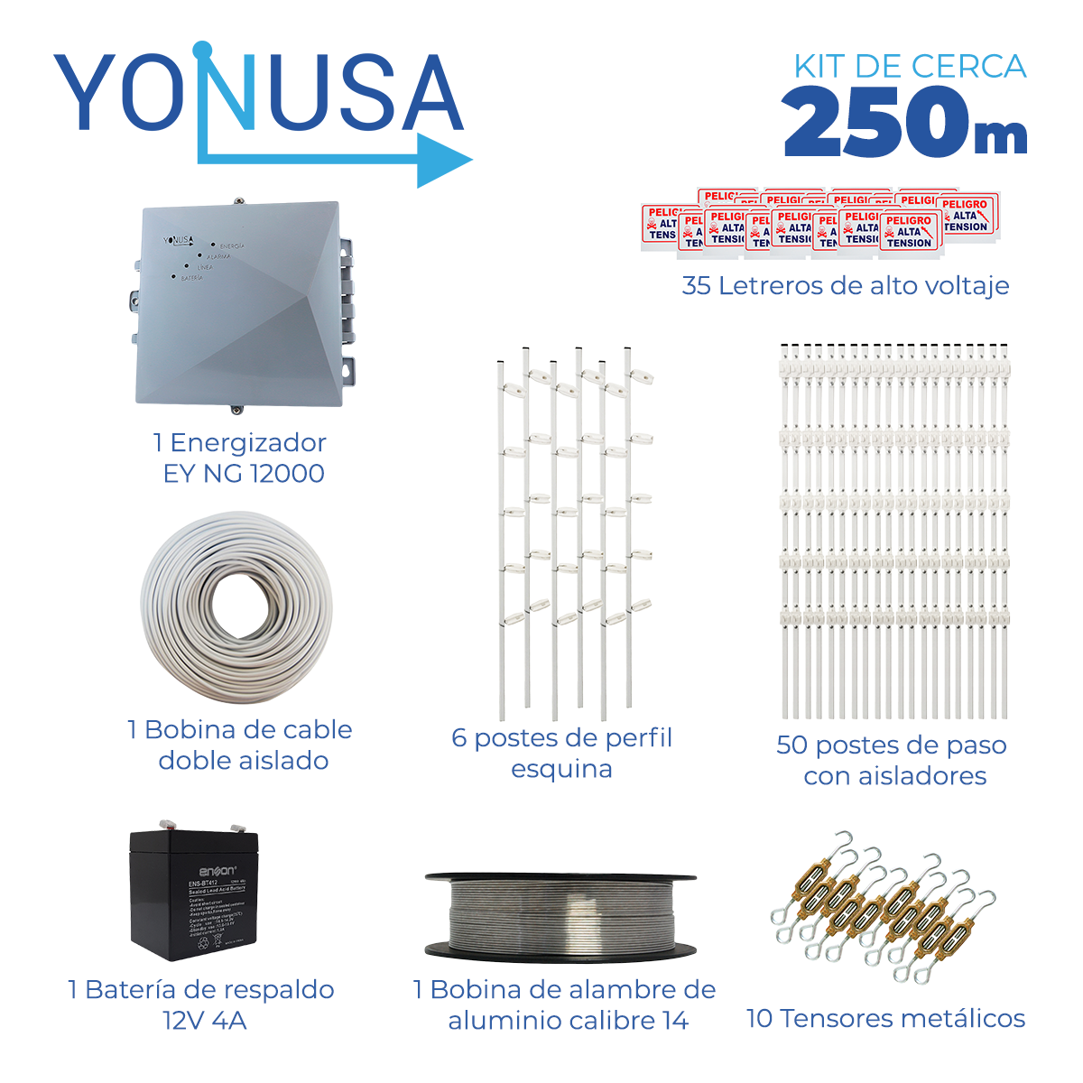 kit de cerca electrificada con accesorios para 250metros incluye: energizador bateria ens-bt412 cable alambre postes letreros y tensores