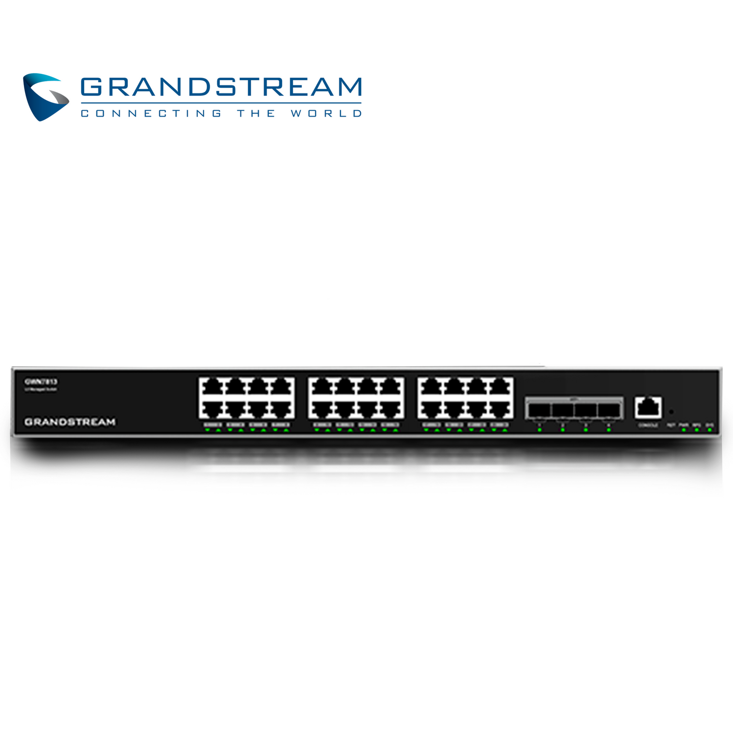 switch administrable poe+ capa 3 grandstream gwn7813p / 24 puertos 10/100/1000mbps / 24 puertos poe+ af/at/bt / 4 puertos sfp+ 10gigabit / rounting ospfv3/bgp / qos / vlan / radius/tacacs+ / administracion gwn cloud / montaje escritorio/rack / metalico