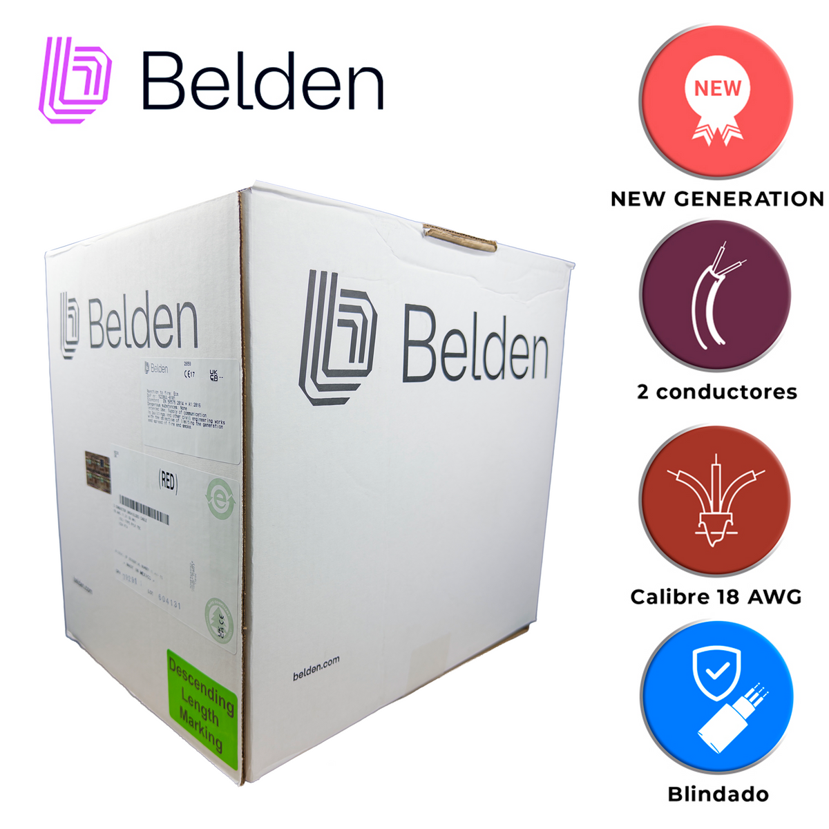 cable de alarma contra incendios belden 5320fl 002u1000 / interior / rojo / 2 conductores / 18 awg / solido / forro pvc / cmr - fplr / blindado / en caja / 1000 pies 305 metros