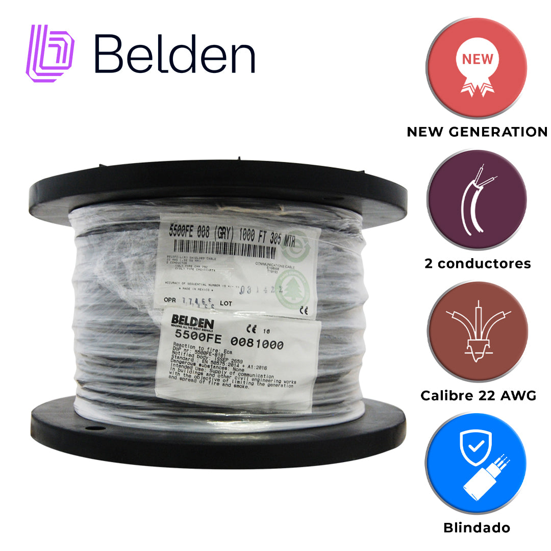 cable de seguridad y sonido belden 5500fe 0081000 / interior / gris / 2 conductores / 22 awg / multifilar / forro pvc / cmr / blindado / bobina / 1000 pies 305 metros