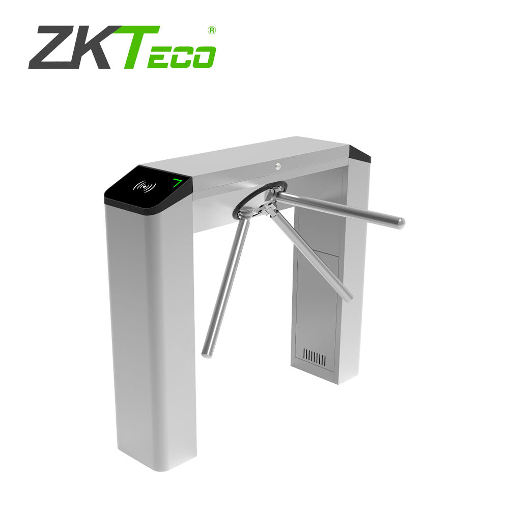 torniquete tripode tipo puente zkteco modelo ts200plus con cinco millones de ciclos de vida util compatible con controles de acceso de zkteco pictograma en las orillas que indica el cruce cuando la verificacion es exitosa