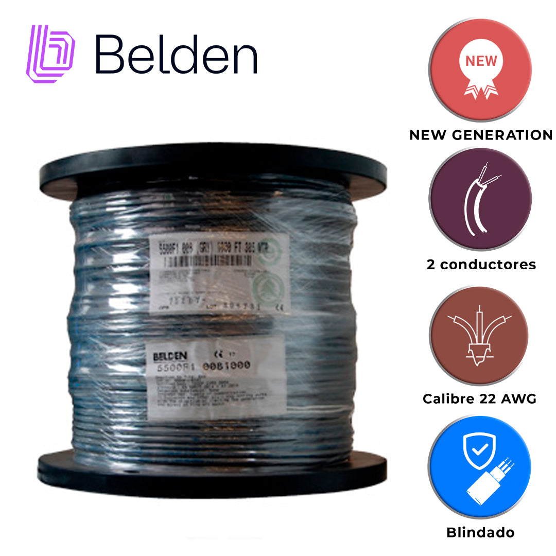 cable de seguridad y sonido belden 5500f1 0081000 / entorno ruidoso y humedo / gris / 2 conductores / 22 awg / multifilar / forro pvc / cm / blindado / bobina / 1000 pies 305 metros