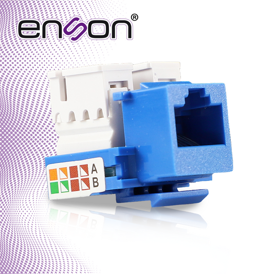 conector jack enson ens-jc6bl cat6 color azul a 90 grados ponchado con pinzas y cubrepolvo.