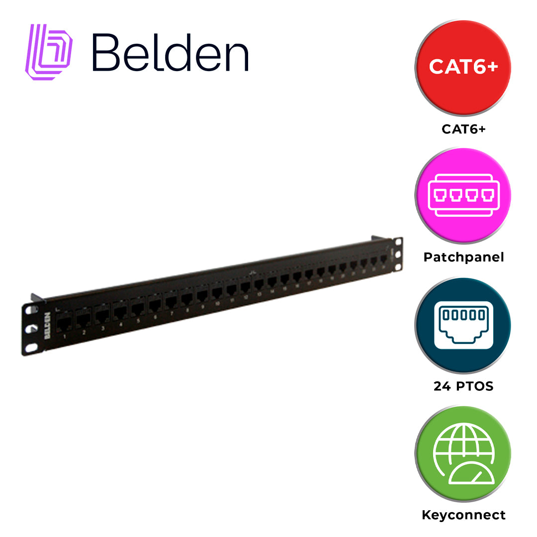 patch panel keyconnect cat6+ belden ax103253 / negro / 24 puertos / 1ur / precargado / pieza