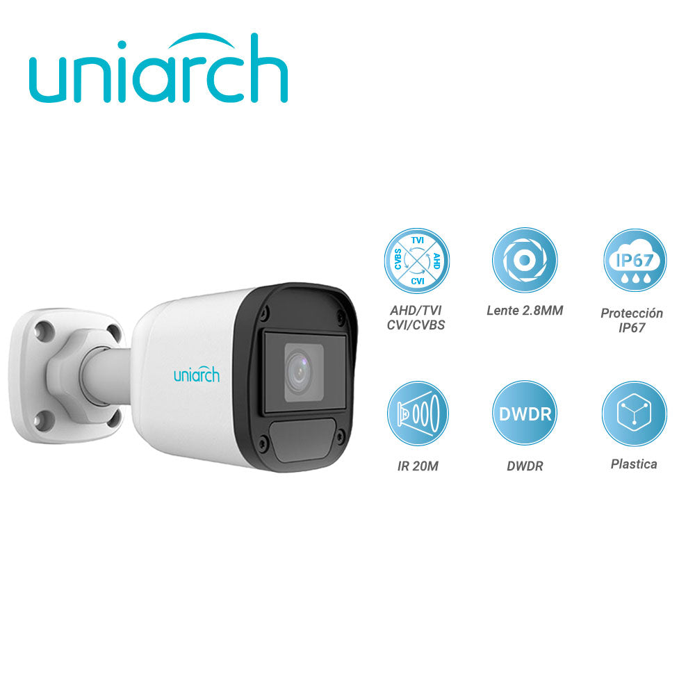 camara analogica bullet uniarch uac-b115-f28 / uac-b115-f28-h / 5mp / ahd/tvi/cvi/cvbs / lente fijo 2.8 mm / 12 vcd / ip67 / ir 20 m / dwdr / interior / exterior / plastica