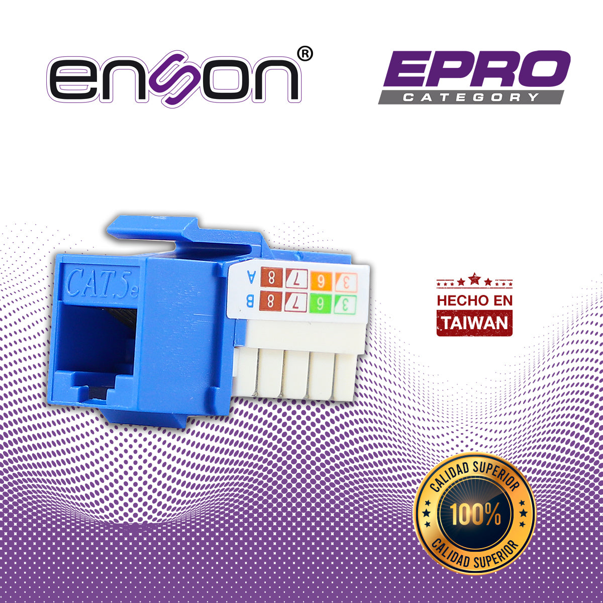 conector modular jack rj45 enson epro-jack5e-bl serie pro posicion vertical cat5e color azul compatible con placas enson epro-fp requiere uso de pinzas epro-jacktool