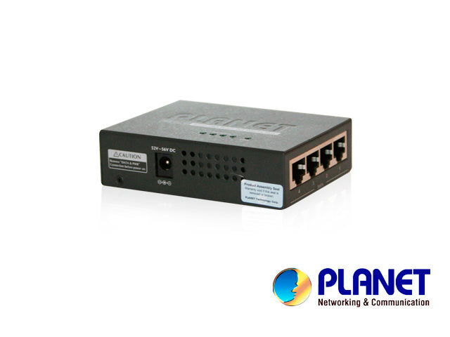 inyector poe 4 puertos / planet hpoe-460 / velocidad de transmision 10/100/1000 mbps / poe 802.3at / 120w de consumo / recinto de metal.