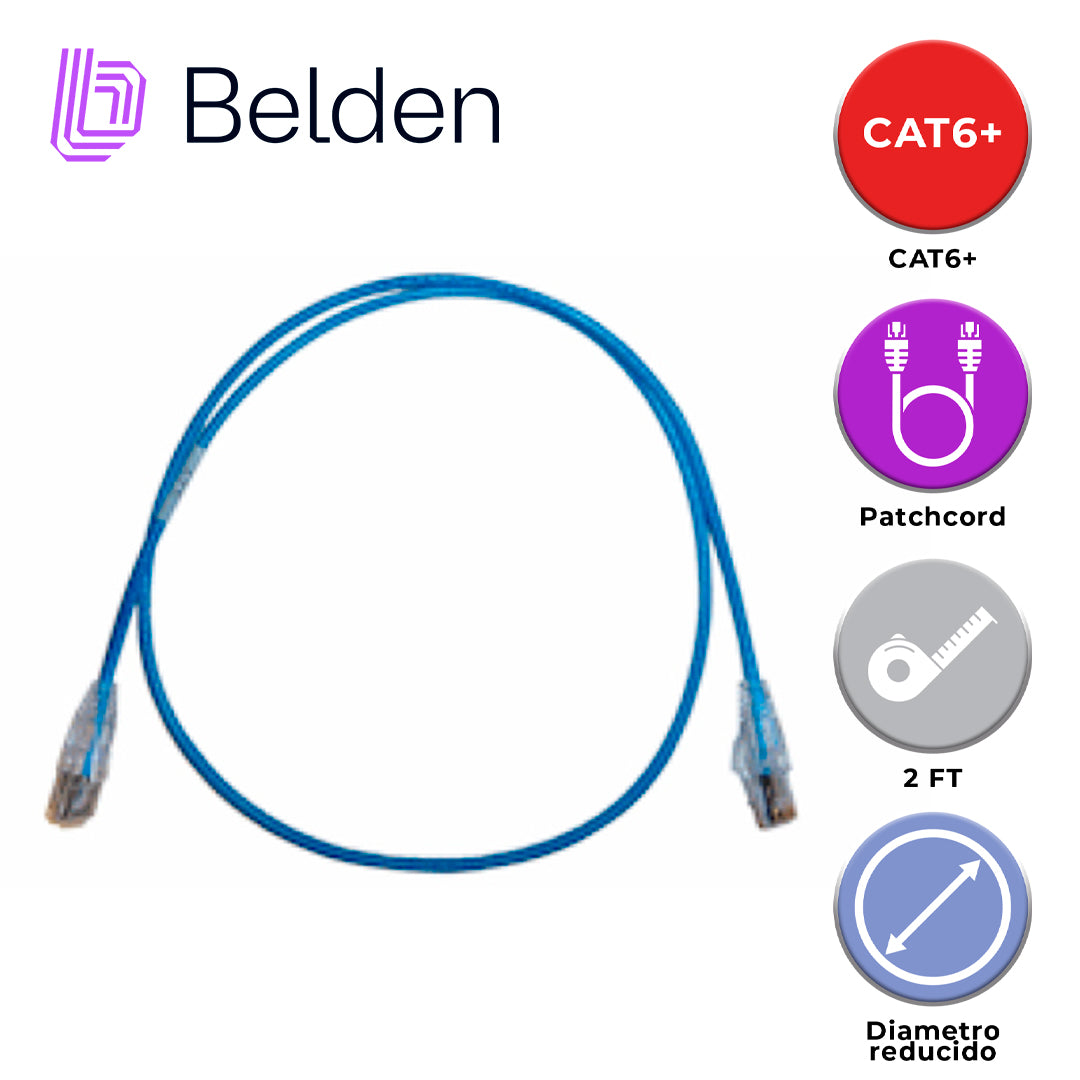 patch cord diametro reducido utp cat6+ belden c6d1106002 / interior / azul / 4 pares / 28 awg / forro pvc / cmr / 2 pies 0.6 metros
